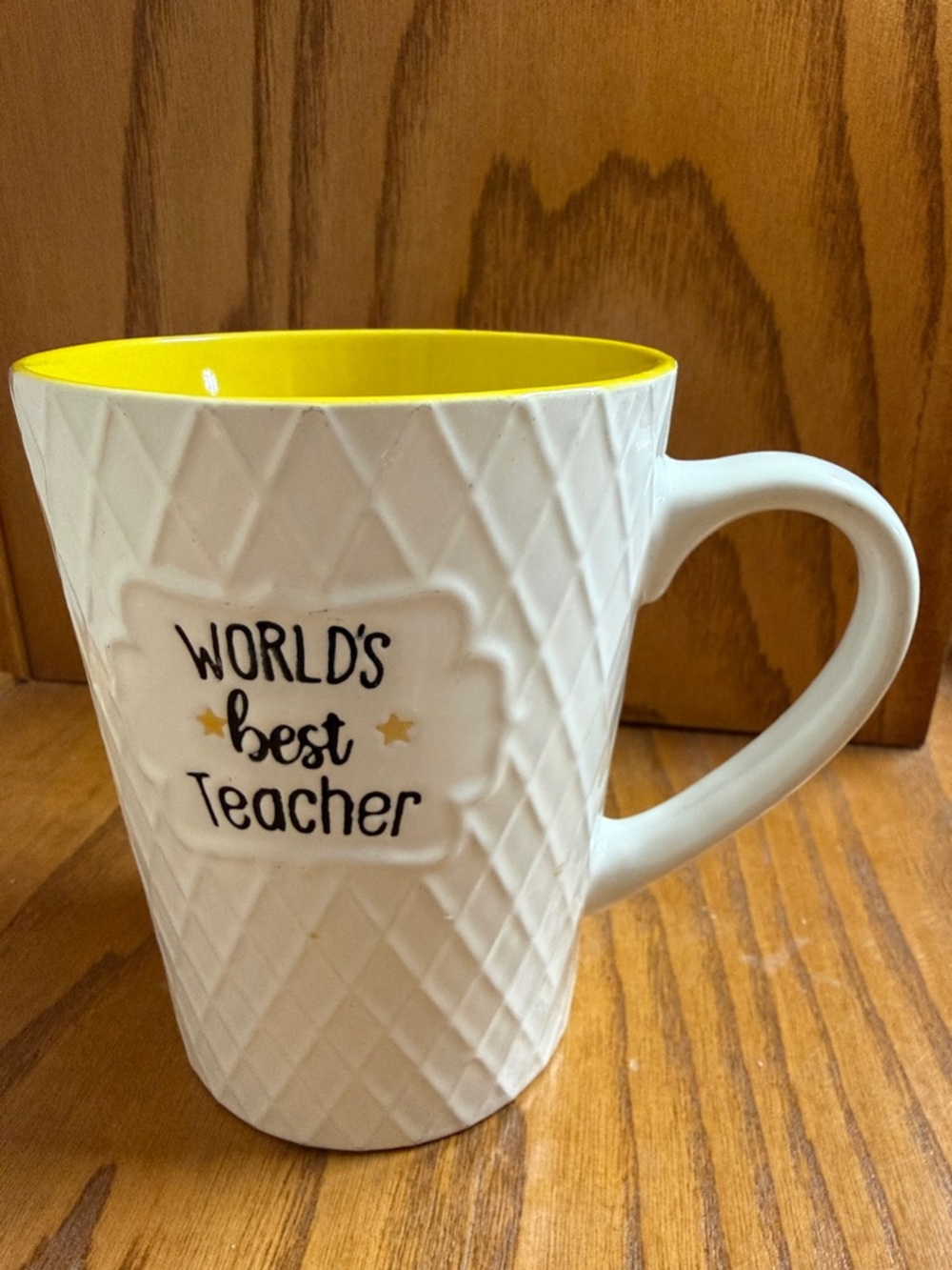 World's Best Teacher Ceramic Coffee Mug - Teacher Gift 5” Tall white & yellow